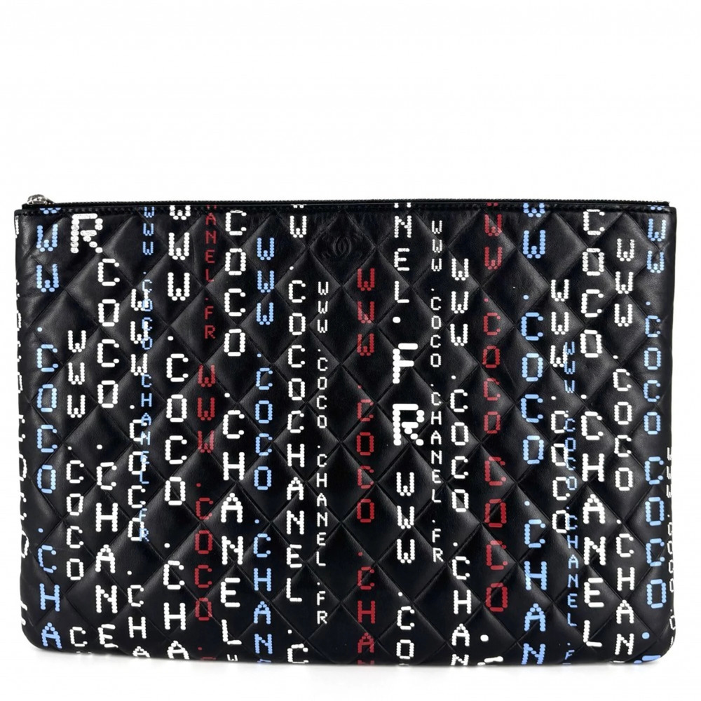 CHANEL Black Lambskin Leather Logo Clutch Bag